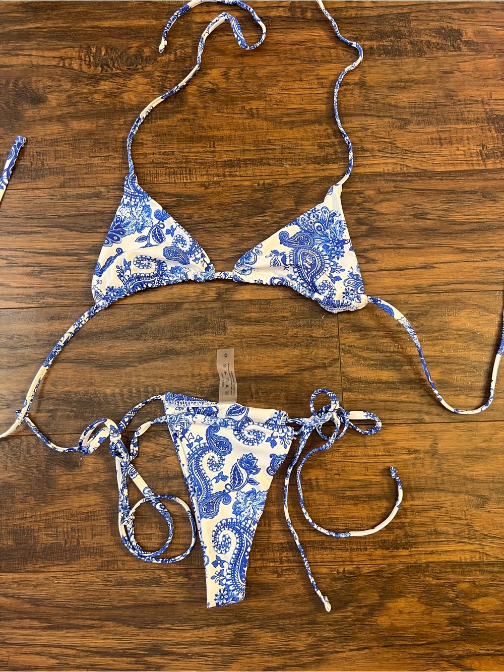 SHEIN Blue and White Paisley Triangle String Bikini